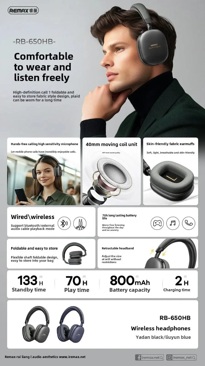 REMAX RB-650HB Audífonos Bluetooth Diadema Cancelación De Ruido HD 70H Reproducción Negro